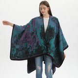 Darrahopens Fashion > Women's Fashion > Women's Accessories Jiangnan Waterfront-Green Camel Elegant Autumn Winter Shawl - Artistic Split-Design Knit Cloak with Oil Painting Style