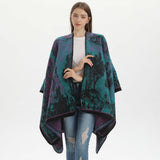 Darrahopens Fashion > Women's Fashion > Women's Accessories Jiangnan Waterfront-Green Camel Elegant Autumn Winter Shawl - Artistic Split-Design Knit Cloak with Oil Painting Style