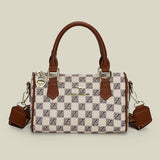 Darrahopens Fashion > Women's Fashion > Women's Accessories Khaki checkered pattern Stylish PU Leather Boston Bag - Elegant Retro Single Shoulder Crossbody Handbag for Women