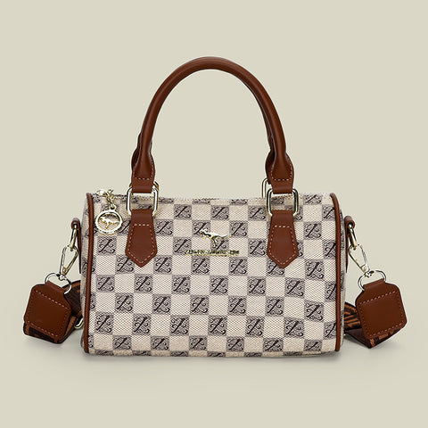 Darrahopens Fashion > Women's Fashion > Women's Accessories Khaki checkered pattern Stylish PU Leather Boston Bag - Elegant Retro Single Shoulder Crossbody Handbag for Women