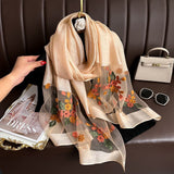 Darrahopens Fashion > Women's Fashion > Women's Accessories Khaki Elegant Embroidered Begonia Flower Long Scarf for Women - Beaded Faux Silk Shawl with Floral Design, Lightweight Sunscreen Wrap for Spring Autumn Daily Wear