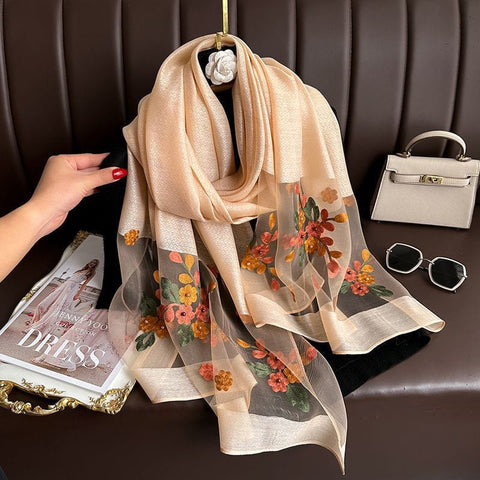 Darrahopens Fashion > Women's Fashion > Women's Accessories Khaki Elegant Embroidered Begonia Flower Long Scarf for Women - Beaded Faux Silk Shawl with Floral Design, Lightweight Sunscreen Wrap for Spring Autumn Daily Wear