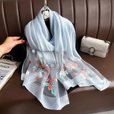 Darrahopens Fashion > Women's Fashion > Women's Accessories Light blue Elegant Embroidered Begonia Flower Long Scarf for Women - Beaded Faux Silk Shawl with Floral Design, Lightweight Sunscreen Wrap for Spring Autumn Daily Wear