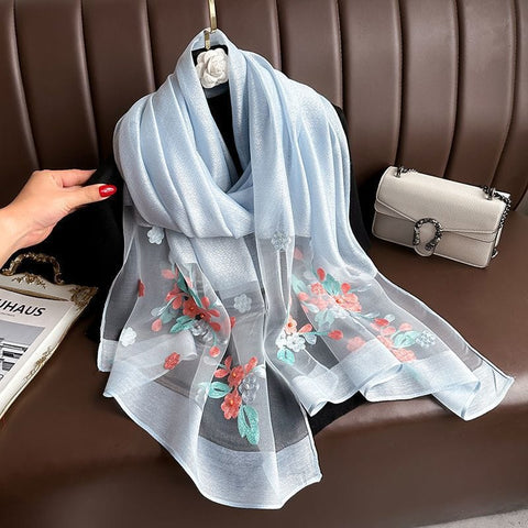 Darrahopens Fashion > Women's Fashion > Women's Accessories Light blue Elegant Embroidered Begonia Flower Long Scarf for Women - Beaded Faux Silk Shawl with Floral Design, Lightweight Sunscreen Wrap for Spring Autumn Daily Wear