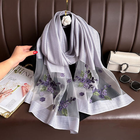 Darrahopens Fashion > Women's Fashion > Women's Accessories Light gray Elegant Embroidered Begonia Flower Long Scarf for Women - Beaded Faux Silk Shawl with Floral Design, Lightweight Sunscreen Wrap for Spring Autumn Daily Wear