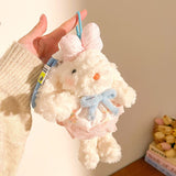 Darrahopens Fashion > Women's Fashion > Women's Accessories Light Pink Cute Floppy Eared Bunny Plush Doll with Pearl Necklace and Ribbon Dress - Adorable Keychain or Bag Charm for Girls(F-4974)