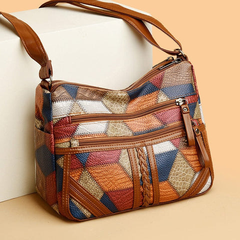 Darrahopens Fashion > Women's Fashion > Women's Accessories Lightweight Contrast Color Patchwork Shoulder Bag - Multi-Zipper Large Capacity PU Leather Satchel for Women(Style 1)
