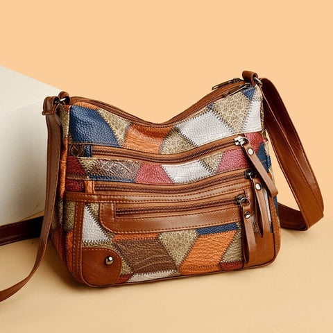 Darrahopens Fashion > Women's Fashion > Women's Accessories Lightweight Contrast Color Patchwork Shoulder Bag - Multi-Zipper Large Capacity PU Leather Satchel for Women(Style 2)
