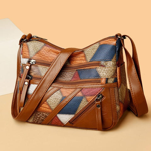 Darrahopens Fashion > Women's Fashion > Women's Accessories Lightweight Contrast Color Patchwork Shoulder Bag - Multi-Zipper Large Capacity PU Leather Satchel for Women(Style 3)