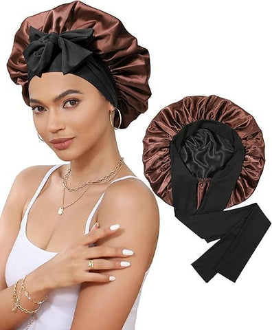 Darrahopens Fashion > Women's Fashion > Women's Accessories Luxury Double-Sided Satin Bonnet with Elastic Band(Black + brown lining)