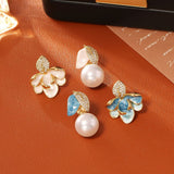 Darrahopens Fashion > Women's Fashion > Women's Accessories Luxury Porcelain Blue Gold Enamel Flower Pearl Earrings with Sparkling Zirconia - Vintage S925 Hypoallergenic Sterling Silver Needle