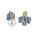 Darrahopens Fashion > Women's Fashion > Women's Accessories Luxury Porcelain Blue Gold Enamel Flower Pearl Earrings with Sparkling Zirconia - Vintage S925 Hypoallergenic Sterling Silver Needle