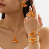 Darrahopens Fashion > Women's Fashion > Women's Accessories Orange Floral Enamel Jewelry Set – Five-Piece Alloy Accessory Collection with Minimalist Botanical Design