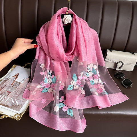 Darrahopens Fashion > Women's Fashion > Women's Accessories Peach blossom pink Elegant Embroidered Begonia Flower Long Scarf for Women - Beaded Faux Silk Shawl with Floral Design, Lightweight Sunscreen Wrap for Spring Autumn Daily Wear