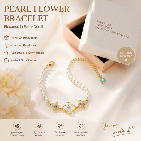 Darrahopens Fashion > Women's Fashion > Women's Accessories Pearl Flower Bracelet for Women – Adjustable Faux Pearl Beaded Bracelet with Gold Floral Charm, Elegant Lightweight Fashion Wrist Jewellery, Gift Box Included, Bridal, Birthday & Everyday Wear In Australia - Darrahopens