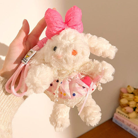 Darrahopens Fashion > Women's Fashion > Women's Accessories Pink Cute Floppy Eared Bunny Plush Doll with Pearl Necklace and Ribbon Dress - Adorable Keychain or Bag Charm for Girls(F-4975)