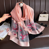 Darrahopens Fashion > Women's Fashion > Women's Accessories Pink Elegant Embroidered Begonia Flower Long Scarf for Women - Beaded Faux Silk Shawl with Floral Design, Lightweight Sunscreen Wrap for Spring Autumn Daily Wear