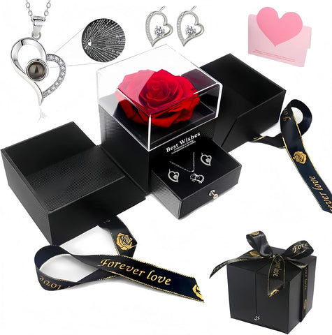 Darrahopens Fashion > Women's Fashion > Women's Accessories Platinum heart-shaped projection necklace, engraved with 100 ways to say "I love you," paired with matching heart-shaped earrings, presented in a rose-adorned double-door gift box—a refined gift blending technology and romance.
