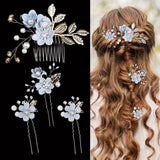Darrahopens Fashion > Women's Fashion > Women's Accessories Purple 4-Piece Elegant Light Luxury Pearl Flower Hair Accessories Set, Bridal Wedding Hairpin and Hairpin Headdress Set, Bridesmaid Gift Banquet Ornament Set for Women's Hairpin