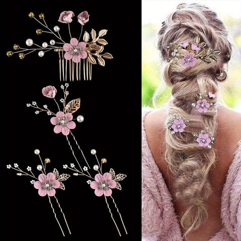Darrahopens Fashion > Women's Fashion > Women's Accessories Purple 4-Piece Elegant Light Luxury Pearl Flower Hair Accessories Set, Bridal Wedding Hairpin and Hairpin Headdress Set, Bridesmaid Gift Banquet Ornament Set for Women's Hairpin
