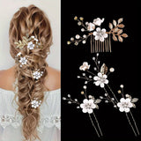 Darrahopens Fashion > Women's Fashion > Women's Accessories Purple 4-Piece Elegant Light Luxury Pearl Flower Hair Accessories Set, Bridal Wedding Hairpin and Hairpin Headdress Set, Bridesmaid Gift Banquet Ornament Set for Women's Hairpin