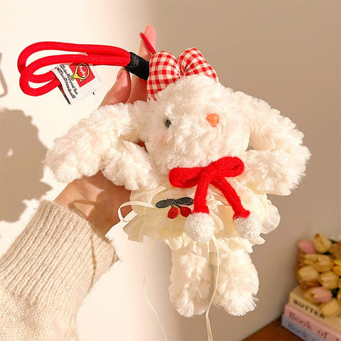 Darrahopens Fashion > Women's Fashion > Women's Accessories Red Cute Floppy Eared Bunny Plush Doll with Pearl Necklace and Ribbon Dress - Adorable Keychain or Bag Charm for Girls(F-4977)