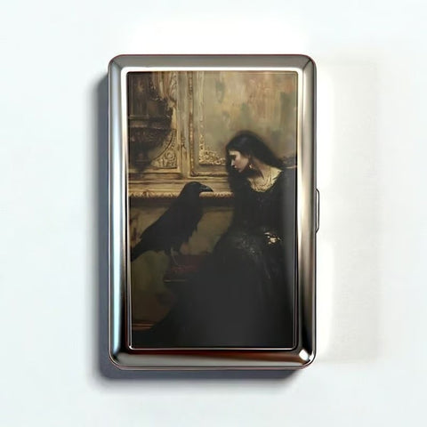 Darrahopens Fashion > Women's Fashion > Women's Accessories Retro Metal Card Cash & Cigarette Case with Fixed Clip - Crow Artistic Slim Wallet (10.3X6X2cm)