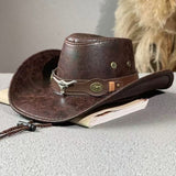 Darrahopens Fashion > Women's Fashion > Women's Accessories Rustic Western Cowboy Hat - Distressed Faux Leather Look Wide Brim Outback Sun Hat with Bull Head Emblem for Men & Women (Black)