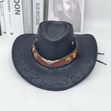 Darrahopens Fashion > Women's Fashion > Women's Accessories Rustic Western Cowboy Hat - Distressed Faux Leather Look Wide Brim Outback Sun Hat with Bull Head Emblem for Men & Women (Black)