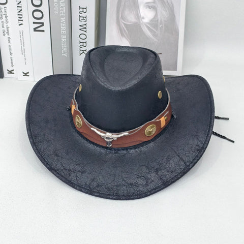 Darrahopens Fashion > Women's Fashion > Women's Accessories Rustic Western Cowboy Hat - Distressed Faux Leather Look Wide Brim Outback Sun Hat with Bull Head Emblem for Men & Women (Black)