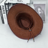 Darrahopens Fashion > Women's Fashion > Women's Accessories Rustic Western Cowboy Hat - Distressed Faux Leather Look Wide Brim Outback Sun Hat with Bull Head Emblem for Men & Women (Black)
