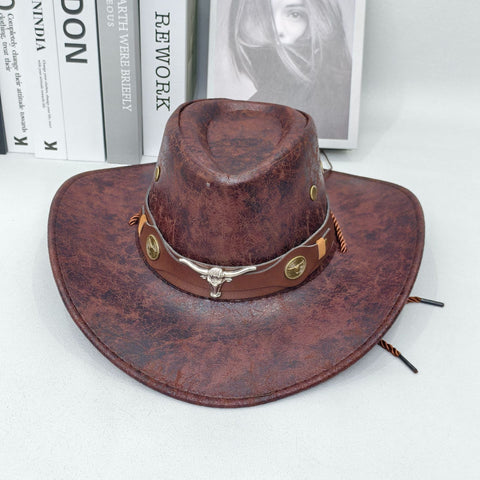 Darrahopens Fashion > Women's Fashion > Women's Accessories Rustic Western Cowboy Hat - Distressed Faux Leather Look Wide Brim Outback Sun Hat with Bull Head Emblem for Men & Women (Coffee Brown)