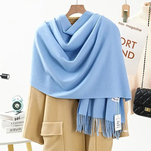 Darrahopens Fashion > Women's Fashion > Women's Accessories Solid Color Cashmere Wrap Scarf, Thickened for Warmth and Windproof, Bohemian-Style Winter Wardrobe Essential(sky blue)