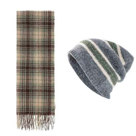 Darrahopens Fashion > Women's Fashion > Women's Accessories Striped Wool-Blend Beanie & Plaid Fringed Scarf Set — Soft Knit Hat (36 x 26 cm) and Oversized Shawl (200 x 65 cm); A Must-Have for Christmas and Cold Weather
