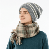 Darrahopens Fashion > Women's Fashion > Women's Accessories Striped Wool-Blend Beanie & Plaid Fringed Scarf Set — Soft Knit Hat (36 x 26 cm) and Oversized Shawl (200 x 65 cm); A Must-Have for Christmas and Cold Weather