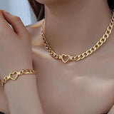 Darrahopens Fashion > Women's Fashion > Women's Accessories Style 1 Trendy Gold-Plated Heart Necklace & Bracelet Set - Tarnish Free Alloy Cuban Link Jewelry for Fashionable Women