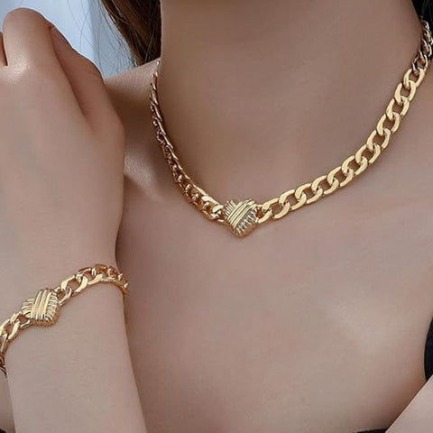 Darrahopens Fashion > Women's Fashion > Women's Accessories Style 2 Trendy Gold-Plated Heart Necklace & Bracelet Set - Tarnish Free Alloy Cuban Link Jewelry for Fashionable Women