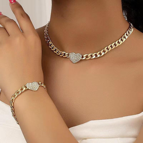 Darrahopens Fashion > Women's Fashion > Women's Accessories Style 3 Trendy Gold-Plated Heart Necklace & Bracelet Set - Tarnish Free Alloy Cuban Link Jewelry for Fashionable Women