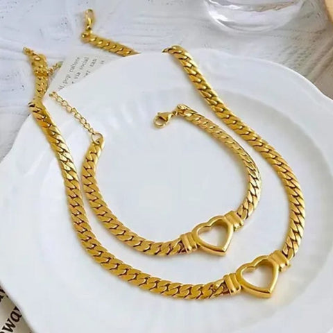 Darrahopens Fashion > Women's Fashion > Women's Accessories Style 5 Trendy Gold-Plated Heart Necklace & Bracelet Set - Tarnish Free Titanium Steel Cuban Link Jewelry for Fashionable Women