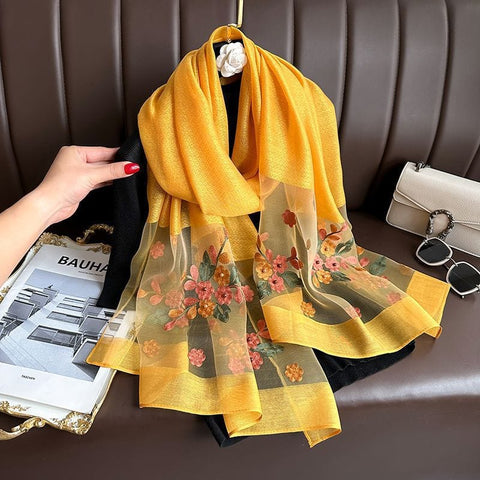 Darrahopens Fashion > Women's Fashion > Women's Accessories Turmeric Elegant Embroidered Begonia Flower Long Scarf for Women - Beaded Faux Silk Shawl with Floral Design, Lightweight Sunscreen Wrap for Spring Autumn Daily Wear