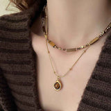 Darrahopens Fashion > Women's Fashion > Women's Accessories Vintage Double Layer Tiger Eye Stone Stackable Pendant Necklace - Boho Beaded Gold Plated Layered Choker Necklace for Women with Jewelry Box