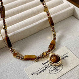 Darrahopens Fashion > Women's Fashion > Women's Accessories Vintage Double Layer Tiger Eye Stone Stackable Pendant Necklace - Boho Beaded Gold Plated Layered Choker Necklace for Women with Jewelry Box