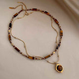 Darrahopens Fashion > Women's Fashion > Women's Accessories Vintage Double Layer Tiger Eye Stone Stackable Pendant Necklace - Boho Beaded Gold Plated Layered Choker Necklace for Women with Jewelry Box