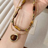 Darrahopens Fashion > Women's Fashion > Women's Accessories Vintage Double Layer Tiger Eye Stone Stackable Pendant Necklace - Boho Beaded Gold Plated Layered Choker Necklace for Women with Jewelry Box