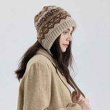 Darrahopens Fashion > Women's Fashion > Women's Accessories Vintage Ethnic Jacquard Knit Hat with Tie, Warm Winter Slouchy Beanie for Large Head Circumference, Unisex - Brown In Australia - Darrahopens