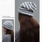 Darrahopens Fashion > Women's Fashion > Women's Accessories Vintage Stripe Fluffy Knit Beanie, Unisex Slouchy Warm Striped Winter Hat with Slim Face Design—Khaki In Australia - Darrahopens