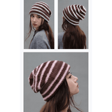 Darrahopens Fashion > Women's Fashion > Women's Accessories Vintage Stripe Fluffy Knit Beanie, Unisex Slouchy Warm Striped Winter Hat with Slim Face Design—Khaki In Australia - Darrahopens
