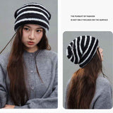 Darrahopens Fashion > Women's Fashion > Women's Accessories Vintage Stripe Fluffy Knit Beanie, Unisex Slouchy Warm Striped Winter Hat with Slim Face Design—Khaki In Australia - Darrahopens