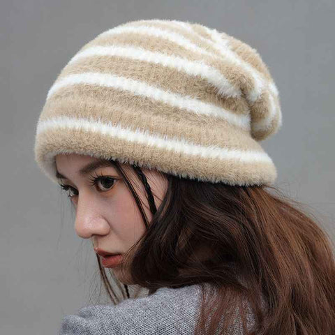 Darrahopens Fashion > Women's Fashion > Women's Accessories Vintage Stripe Fluffy Knit Beanie, Unisex Slouchy Warm Striped Winter Hat with Slim Face Design—Khaki In Australia - Darrahopens