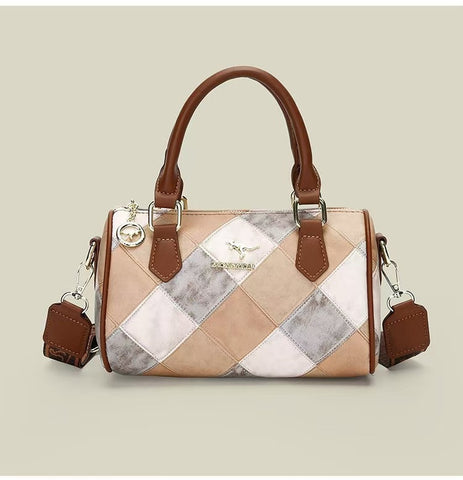 Darrahopens Fashion > Women's Fashion > Women's Accessories White checkered pattern Stylish PU Leather Boston Bag - Elegant Retro Single Shoulder Crossbody Handbag for Women